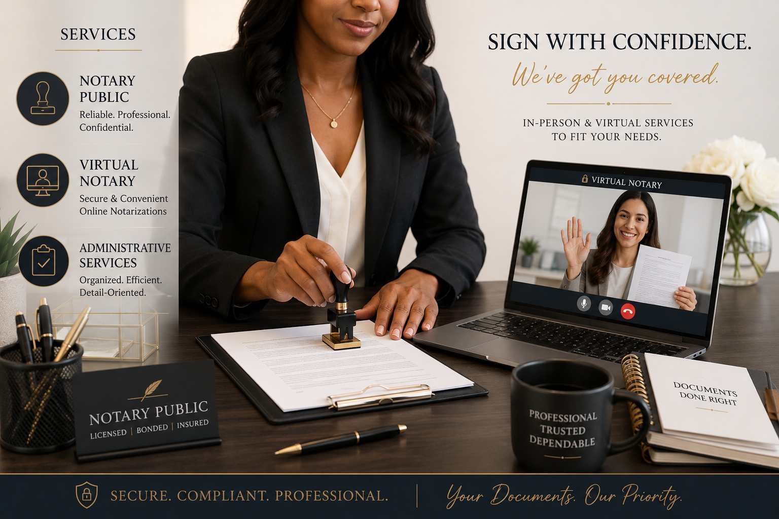 Professional notary stamping documents at desk with virtual notary session on laptop